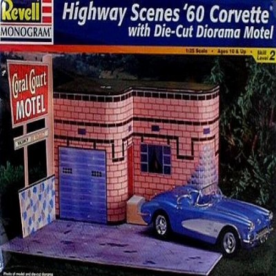 Revell Monogram 7802 Highway Scenes 1960 Corvette with Die-Cut Diorama Motel - Plastic Model Kit - 1:25 Scale - Skill Level 2   